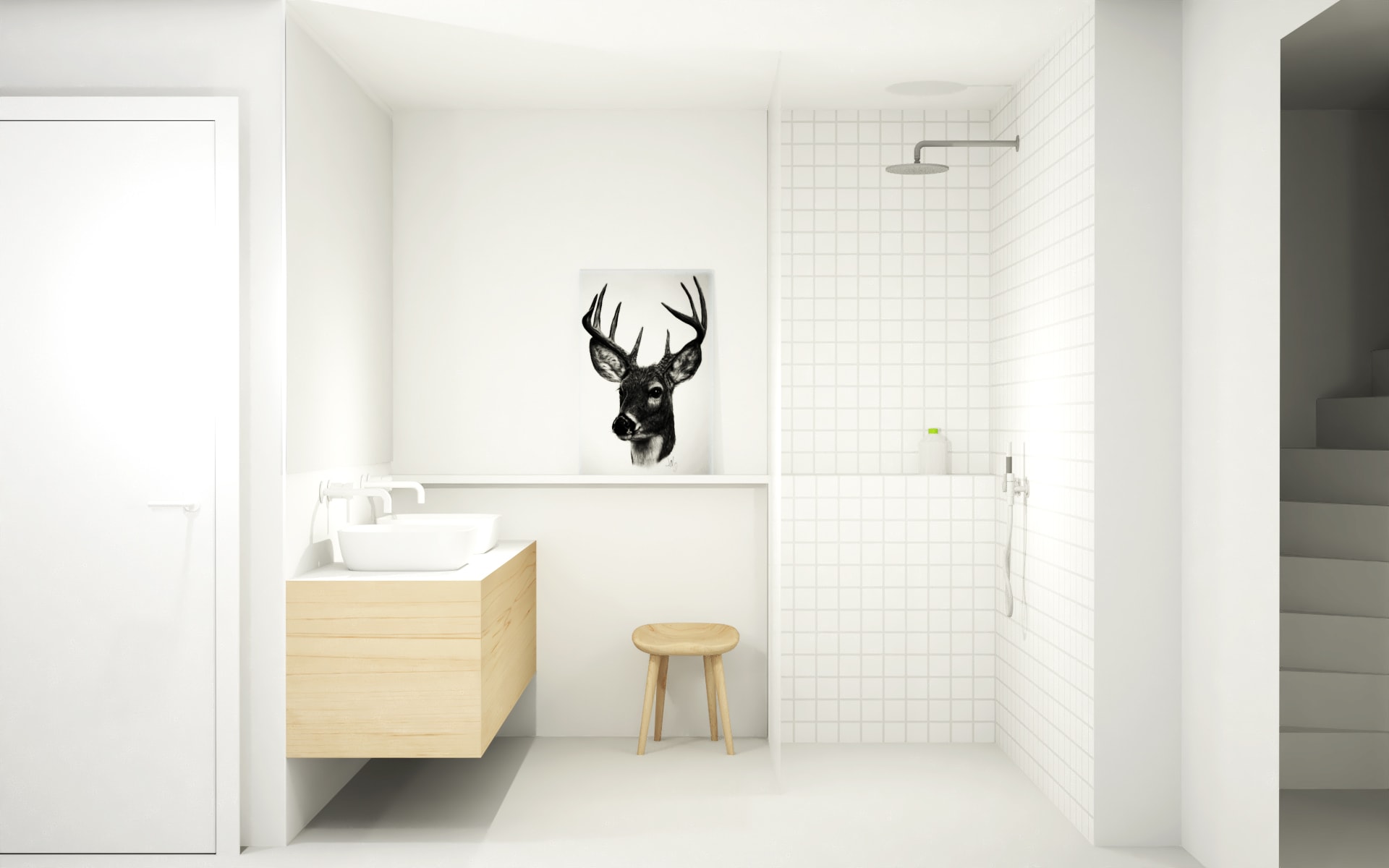 Lichte en moderne badkamer met witte vierkante tegels en inloopdouche