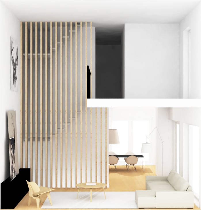 Ontwerp woonkamer met vide en houten afscheiding trap