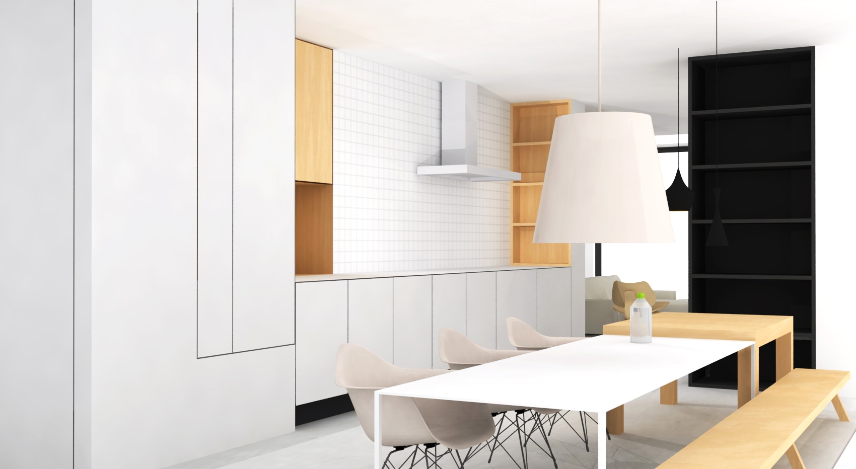 Moderne witte rechte keuken met vierkante tegels zonder bovenkastjes