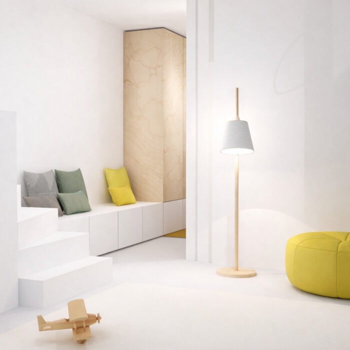 Lichte Scandinavische hal met maatwerk kastenwand, houten accenten, ingebouwde zitbank en minimalistisch interieurontwerp